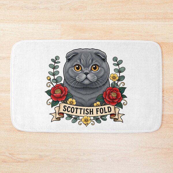 Item preview, Scottish Fold Cat Vintage Floral Tattoo Art designed and sold by Old's Cool Cat Studio.