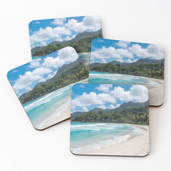 Item preview, Tropical beach with turquoise sea water and lush green mountains under a bright cloudy sky designed and sold by homydesign.