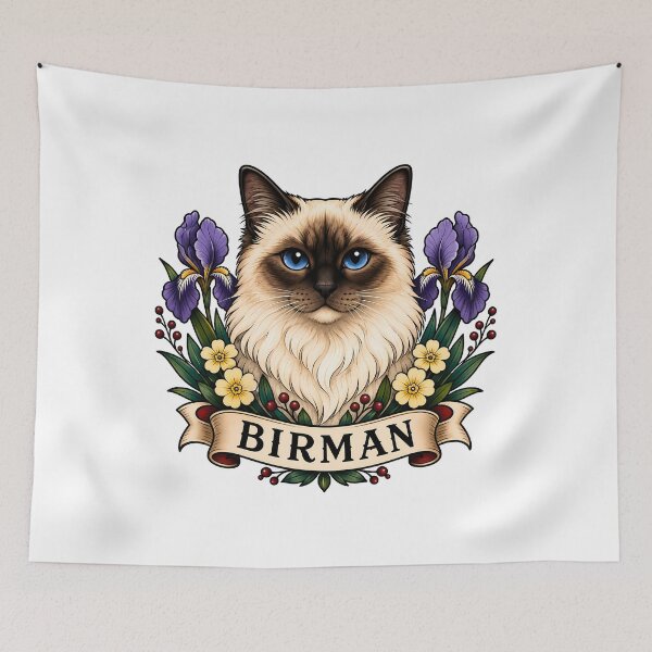 Item preview, Burmese Cat Vintage Floral Tattoo Art designed and sold by Old's Cool Cat Studio.