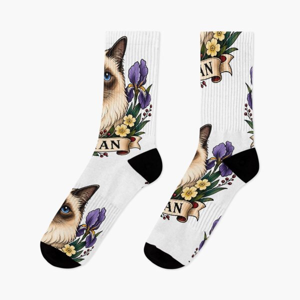 Item preview, Arte de tatuaje floral vintage de gato birmano designed and sold by Old's Cool Cat Studio.