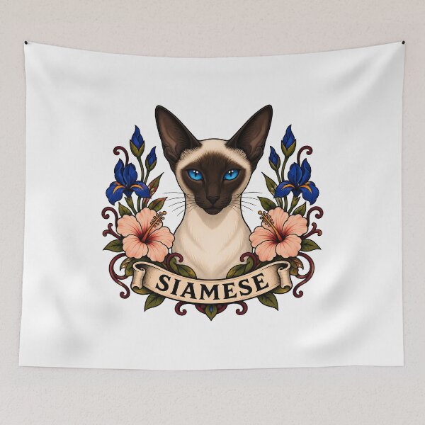 Item preview, Siamese Cat Vintage Floral Tattoo Art designed and sold by Old's Cool Cat Studio.