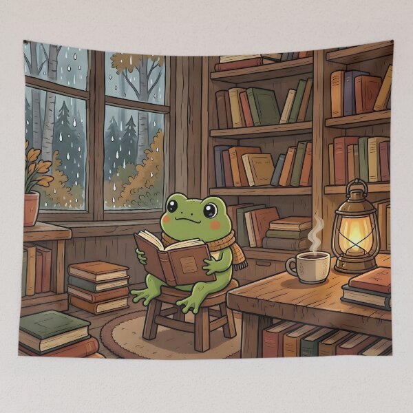 Item preview, Cozy Frog Reading Book Rainy Library designed and sold by Herodestroyer.