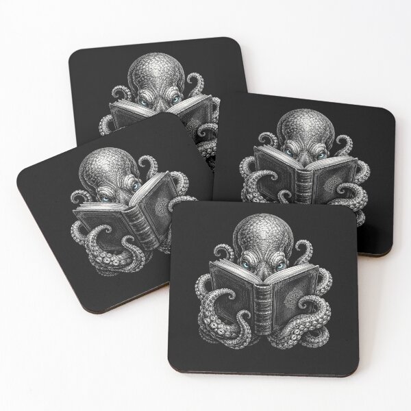 Item preview, octopus reading book surreal gothic ink illustration designed and sold by ROUX-ART.
