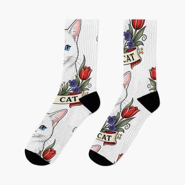 Item preview, White Cat Vintage Floral Tattoo Art designed and sold by Old's Cool Cat Studio.