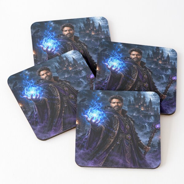 Item preview, Powerful wizard sorcerer holding a glowing blue magic spell in front of a dark gothic castle at night, generative AI designed and sold by Alphakingbeast.