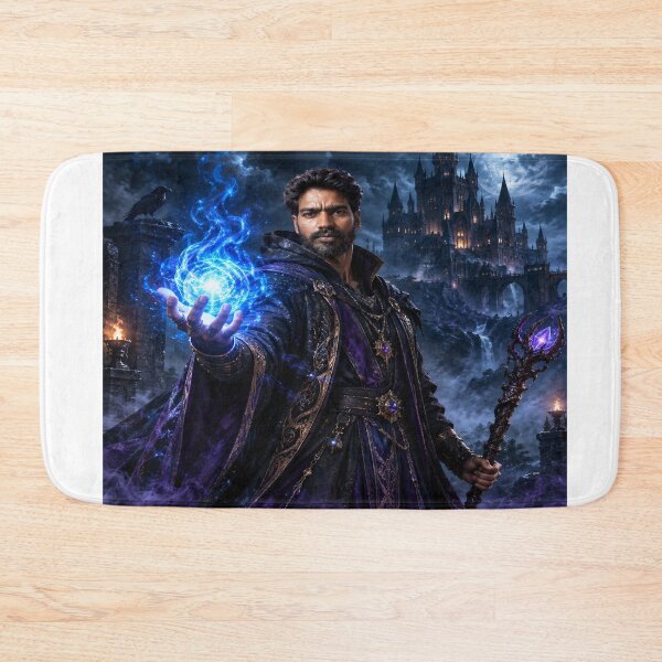 Item preview, Powerful wizard sorcerer holding a glowing blue magic spell in front of a dark gothic castle at night, generative AI designed and sold by Alphakingbeast.