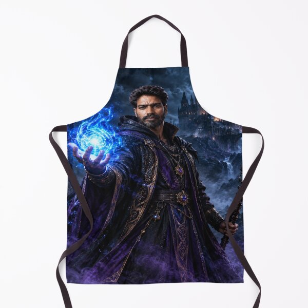 Item preview, Powerful wizard sorcerer holding a glowing blue magic spell in front of a dark gothic castle at night, generative AI designed and sold by Alphakingbeast.