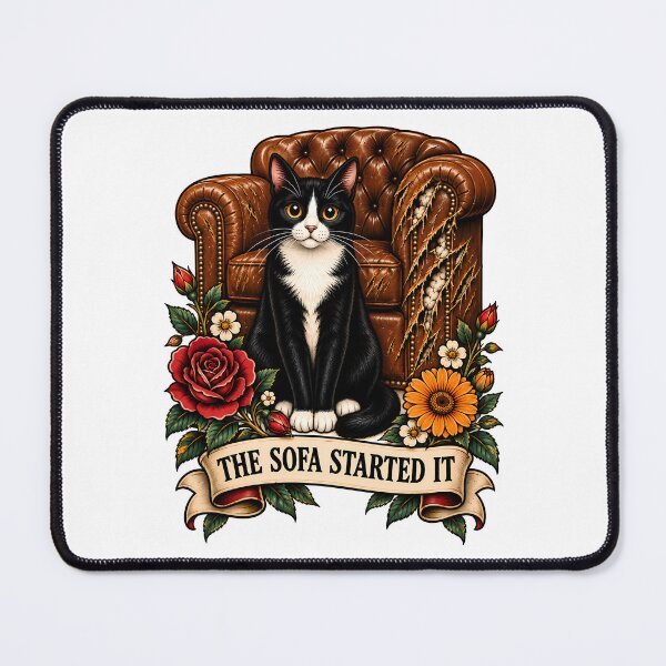 Item preview, The Sofa Started It Tuxedo Cat Tattoo designed and sold by Old's Cool Cat Studio.