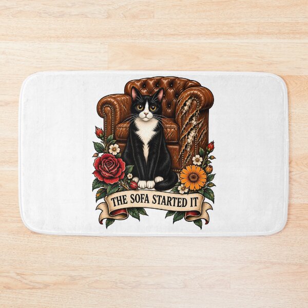 Item preview, The Sofa Started It Tuxedo Cat Tattoo designed and sold by Old's Cool Cat Studio.