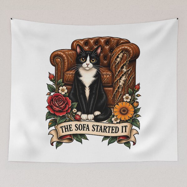 Item preview, The Sofa Started It Tuxedo Cat Tattoo designed and sold by Old's Cool Cat Studio.