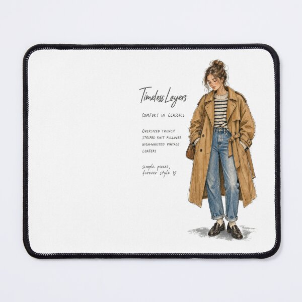 Item preview, Timeless Layers Trench Coat Striped Sweater and Jeans Fashion Sketch designed and sold by digital.stickerperso.com.
