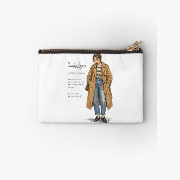 Item preview, Timeless Layers Trench Coat Striped Sweater and Jeans Fashion Sketch designed and sold by digital.stickerperso.com.