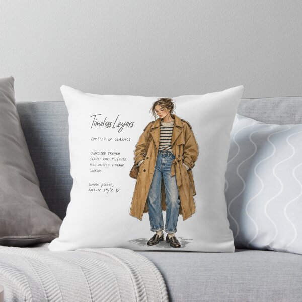 Item preview, Timeless Layers Trench Coat Striped Sweater and Jeans Fashion Sketch designed and sold by digital.stickerperso.com.