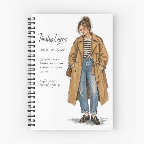 Item preview, Timeless Layers Trench Coat Striped Sweater and Jeans Fashion Sketch designed and sold by digital.stickerperso.com.