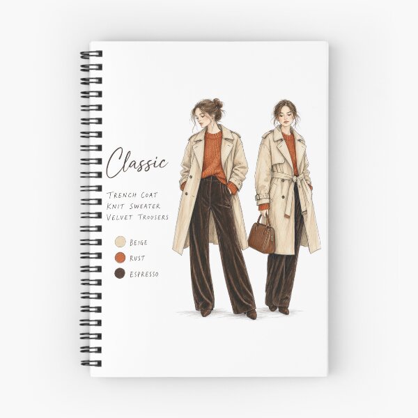 Artikelvorschau, Klassischer, zeitloser Trenchcoat und Samthose – Herbstmode-Skizze entworfen und verkauft von digital.stickerperso.com.