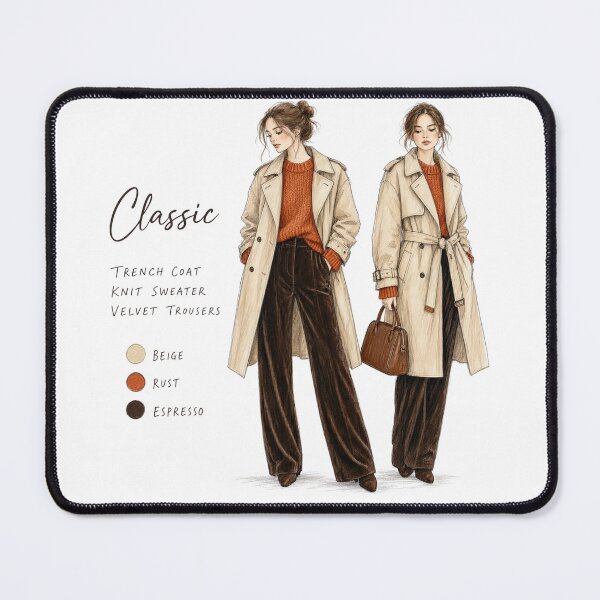 Item preview, Classic Timeless Trench Coat and Velvet Trousers Autumn Fashion Sketch designed and sold by digital.stickerperso.com.