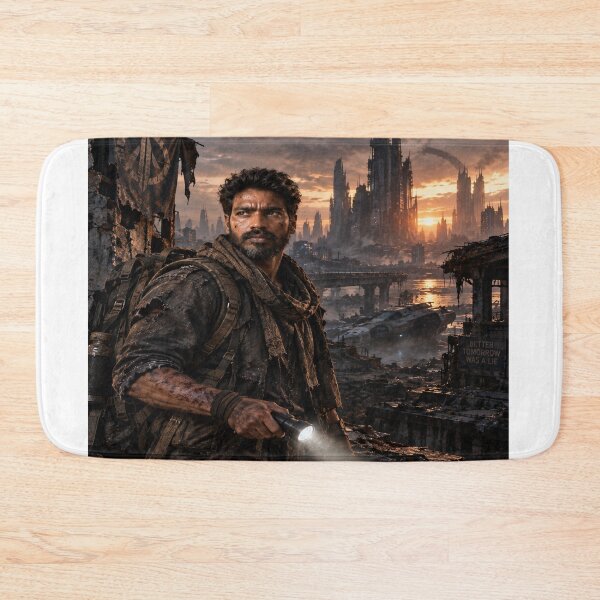 Item preview, Post-apocalyptic lone survivor holding a flashlight in a ruined futuristic city at sunset, generative AI designed and sold by Alphakingbeast.