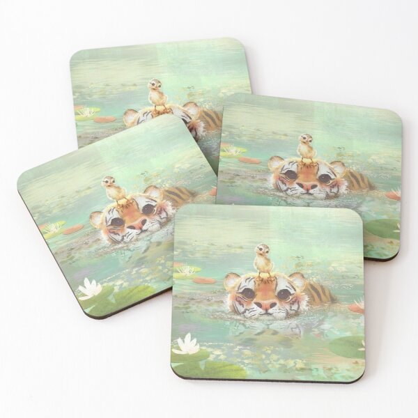 Item preview, Beautiful Pastel Water Color Art of Tiger Helping Baby Chick Cross a Pond Design designed and sold by MakersFolly.
