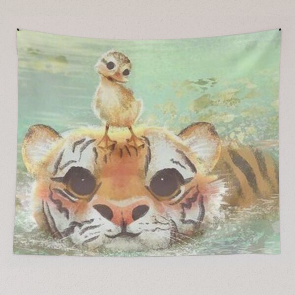 Item preview, Beautiful Pastel Water Color Art of Tiger Helping Baby Chick Cross a Pond Design designed and sold by MakersFolly.