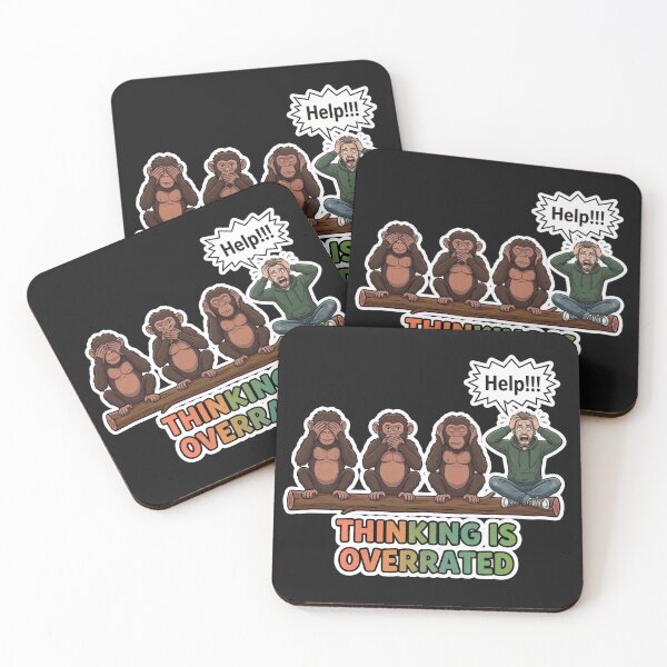 Item preview, Thinking Is Overrated Funny Panicked Man And Three Wise Monkeys White Border designed and sold by Surviving Monday Club.