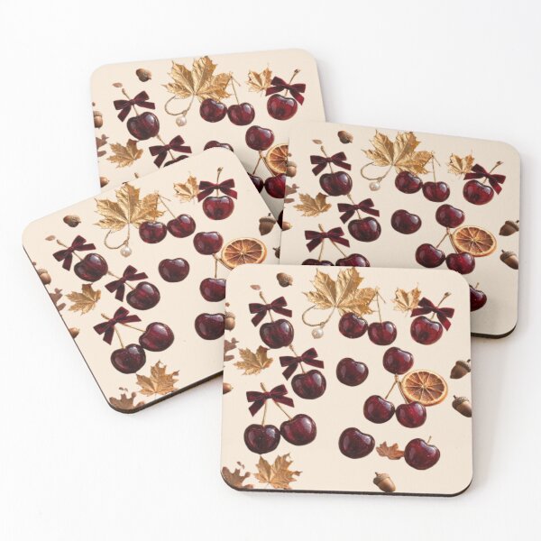 Item preview, Autumn Cherry Motif with Gold Leaf and Vintage Bow designed and sold by PoenyL1rosy.
