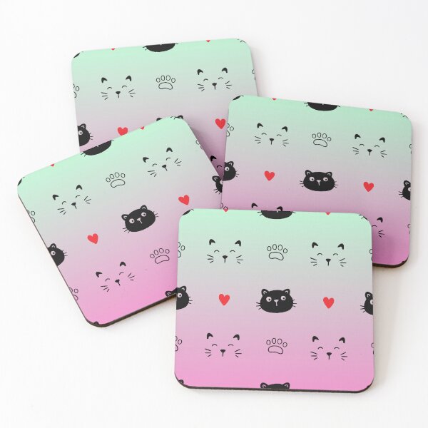 Item preview, Cute Black Cat Faces and Paws Mint Pink Gradient Pattern designed and sold by KMKDesignStudio.