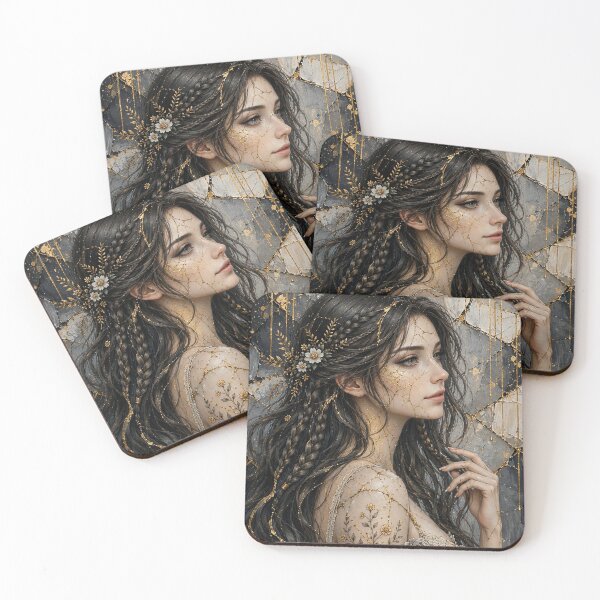Item preview, Kintsugi Moon Woman – Celestial Botanical Fantasy Portrait designed and sold by Alcyone-Blue.