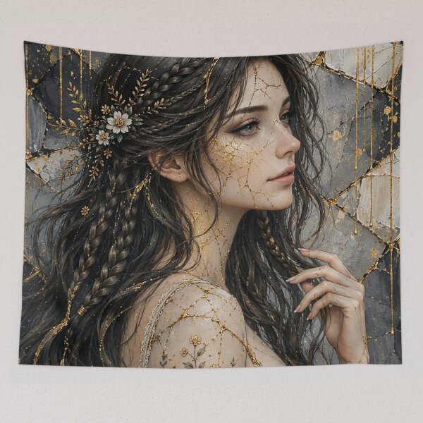 Item preview, Kintsugi Moon Woman – Celestial Botanical Fantasy Portrait designed and sold by Alcyone-Blue.