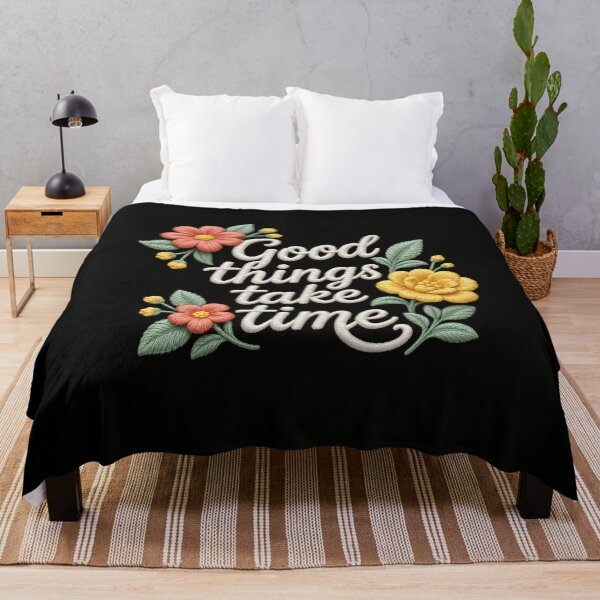 Item preview, Good Things Take Time Faux Embroidery Floral Art designed and sold by HappyOops.