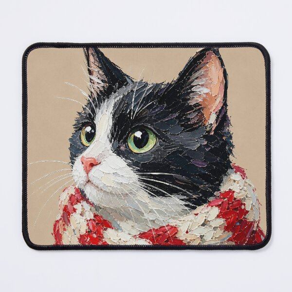 Item preview, Cozy Tuxedo Cat in Red Scarf with Hot Cocoa Winter Impressionist Art designed and sold by anabellstar design co.
