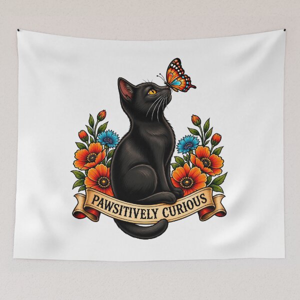 Item preview, Pawsitively Curious Black Cat Butterfly Tattoo designed and sold by Old's Cool Cat Studio.