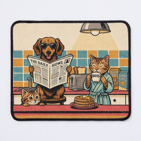 Item preview, Retro Pets Morning Routine Vintage Illustration designed and sold by KMKDesignStudio.