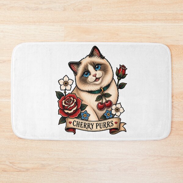 Item preview, Cherry Purrs Cat Cute Ragdoll Cherry Vintage Tattoo designed and sold by Old's Cool Cat Studio.