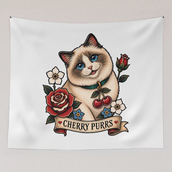 Item preview, Cherry Purrs Cat Cute Ragdoll Cherry Vintage Tattoo designed and sold by Old's Cool Cat Studio.