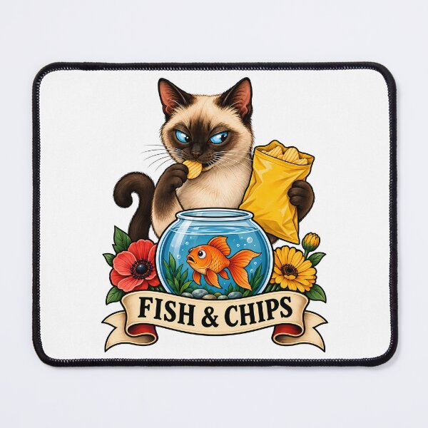 Item preview, Funny Siamese Fish and Chips Cat Tattoo Art designed and sold by Old's Cool Cat Studio.