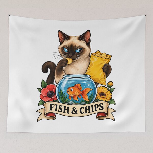 Item preview, Funny Siamese Fish and Chips Cat Tattoo Art designed and sold by Old's Cool Cat Studio.