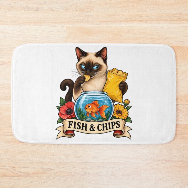 Item preview, Funny Siamese Fish and Chips Cat Tattoo Art designed and sold by Old's Cool Cat Studio.