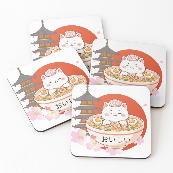 Item preview, Kawaii Oishii Cat Ramen and Pagoda Illustration designed and sold by KMKDesignStudio.