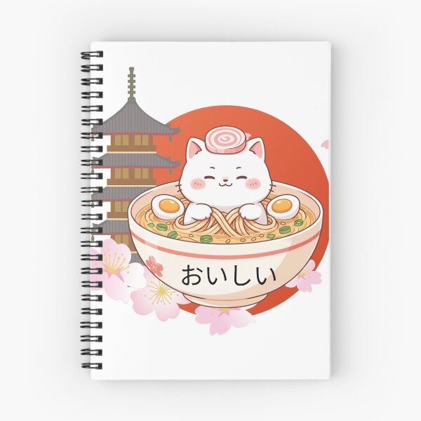 Item preview, Kawaii Oishii Cat Ramen and Pagoda Illustration designed and sold by KMKDesignStudio.
