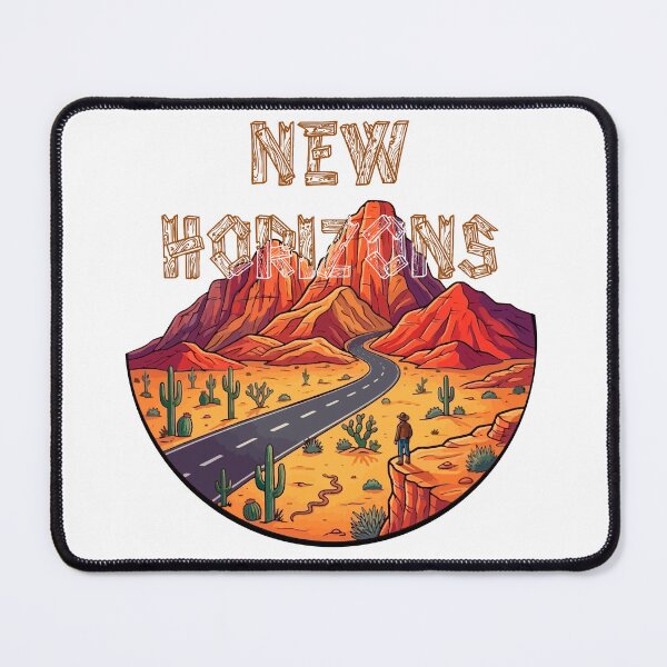 Item preview, Cowboy on the Cliff - Desert and Highway Landscape with the Text "New Horizons" designed and sold by Martz-Art.