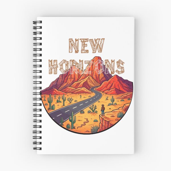 Item preview, Cowboy on the Cliff - Desert and Highway Landscape with the Text "New Horizons" designed and sold by Martz-Art.