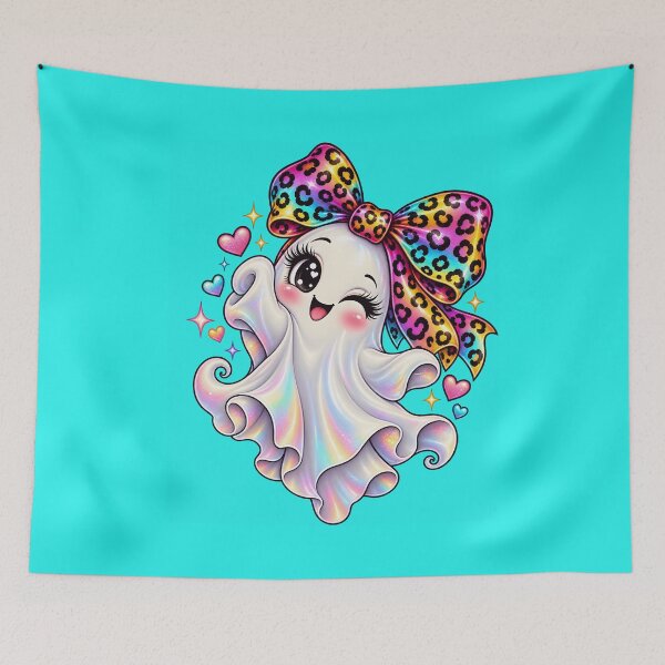 Item preview, Kawaii Halloween Ghost Girl Rainbow Leopard Bow Cute Spooky Pastel Ghost designed and sold by ArtSpark Studio.