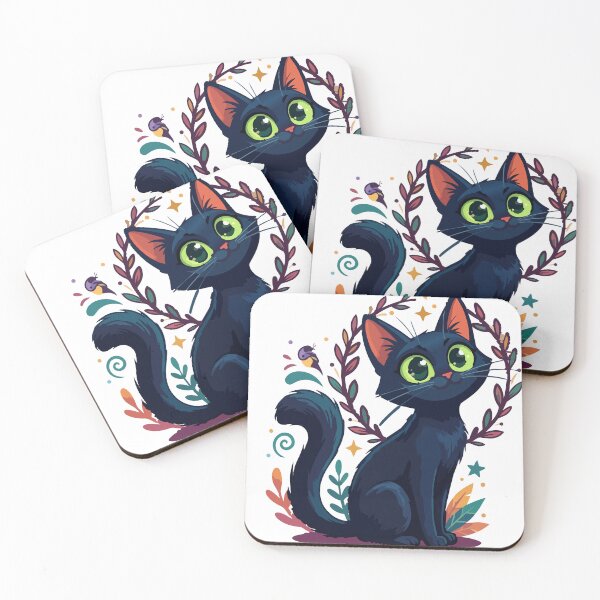 Item preview, Cute Black Cat with Big Green Eyes and Floral Wreath designed and sold by KMKDesignStudio.