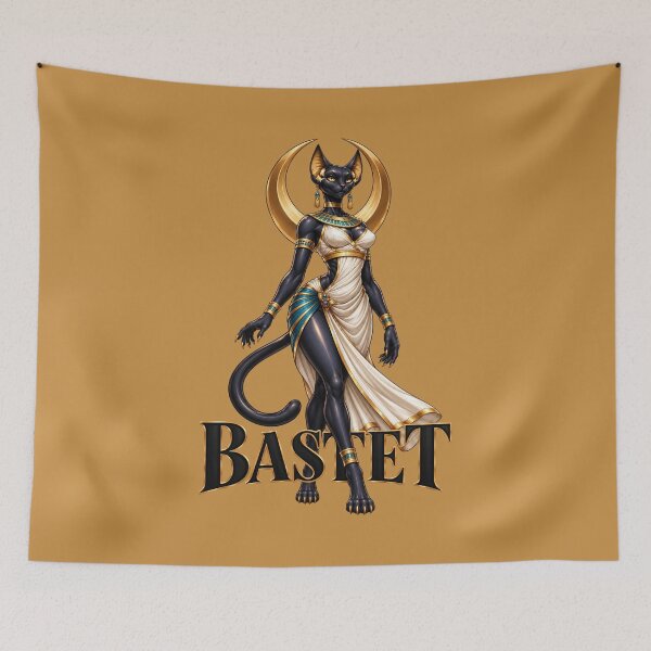 Item preview, Bastet Egyptian Goddess with Black Cat, Golden Jewelry and Ankh designed and sold by MythicMood.