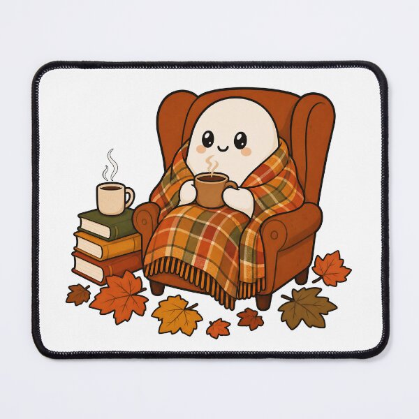 Item preview, Cozy Ghost with Coffee - Kawaii Autumn Reading Nook designed and sold by VibePrintsHub.