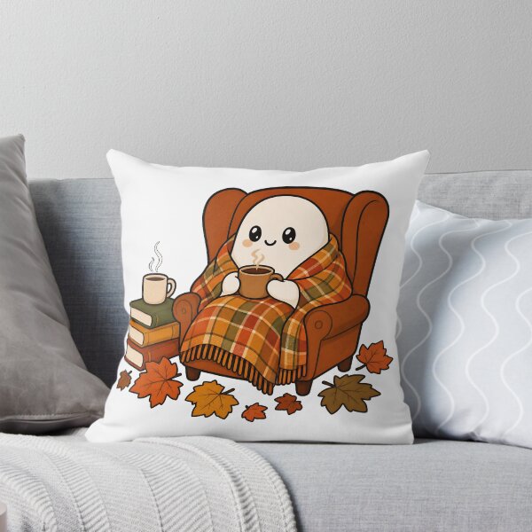 Item preview, Cozy Ghost with Coffee - Kawaii Autumn Reading Nook designed and sold by VibePrintsHub.