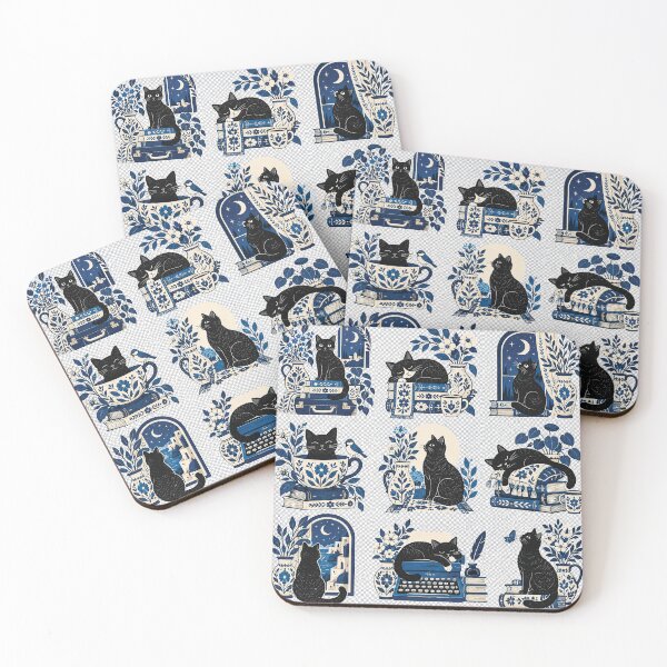 Item preview, Cozy Black Cat Blue Illustration Set - Cat Librarian With Botanical Books designed and sold by Gold Turtle  Lina.