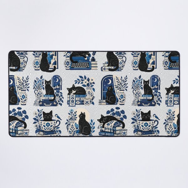 Item preview, Cozy Black Cat Blue Illustration Set - Cat Librarian With Botanical Books designed and sold by Gold Turtle  Lina.