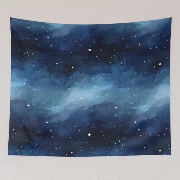 Item preview, Starry Night Sky Pattern Indigo Blue Watercolor Clouds designed and sold by Nine Lives Studio.