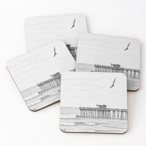 Item preview, Coastal Pier Pencil Sketch | Ocean Waves and Seagull Black and White Line Art designed and sold by Elite Wall Art.